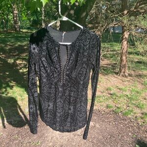 Free People black sheer shirt with velvety print, long sleeves, size medium